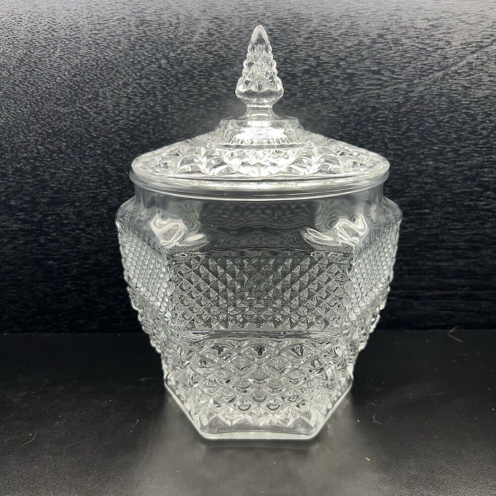 Anchor Hocking Wexford Cookie Jar w/ Lid Cut Glass 1960’s MCM Regency - Picture 3 of 12